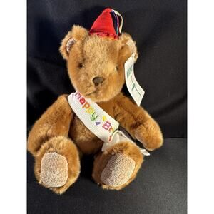 First and Main Happy Birthday Sash Filled 9" Brown Bear Wearing Party Hat